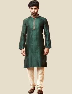 Men's Printed Long Kurta Pajama Set In Green