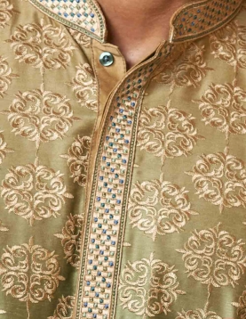 Shaded Gold & Green Silk Embroidery Men Kurta Pajama Set