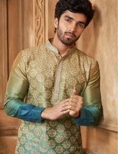 Shaded Gold & Green Silk Embroidery Men Kurta Pajama Set