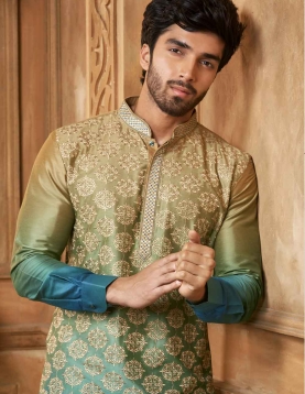 Shaded Gold & Green Silk Embroidery Men Kurta Pajama Set