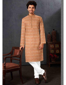 Rust Orange with Off-White Geometric Digital Print Kurta Set