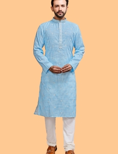 Sky Blue in a Poly Cotton Base with thread embroidery Kurta Pajama , Comes with off white pyjama.