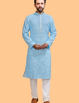 Sky Blue in a Poly Cotton Base with thread embroidery Kurta Pajama , Comes with off white pyjama.