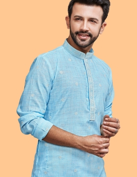 Sky Blue in a Poly Cotton Base with thread embroidery Kurta Pajama , Comes with off white pyjama.