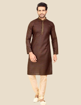 Men Brown Multi Digital Print Kurta Pajama Set