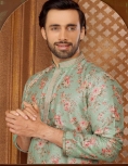 Men's Floral Print Long Kurta Pajama Set In Firoji