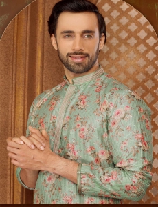 Men's Floral Print Long Kurta Pajama Set In Firoji