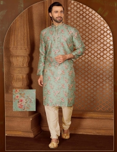 Men's Floral Print Long Kurta Pajama Set In Firoji