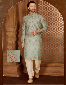 Men's Floral Print Long Kurta Pajama Set In Firoji