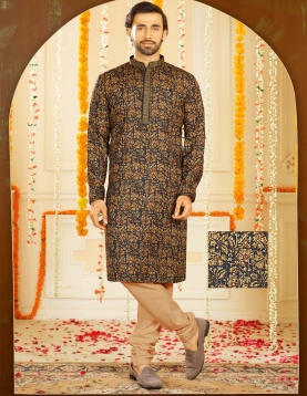 Men's Floral Print Kurta Pajama Set In Black