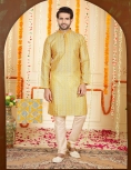 Men's Geometric Print Long Kurta Pajama Set In Yellow