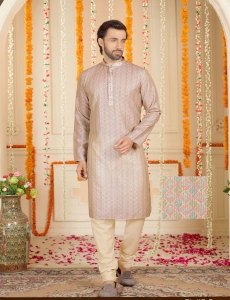 Men's Geometric Print Long Kurta Pajama Set In Pink 