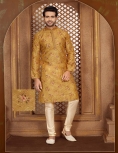 Men's Floral Print Long Kurta Pajama Set In Mustard