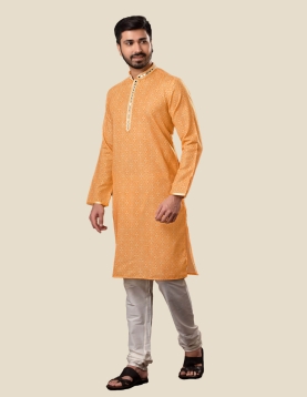 Orange Bandhani Mirror Work Men Kurta Payjama Set