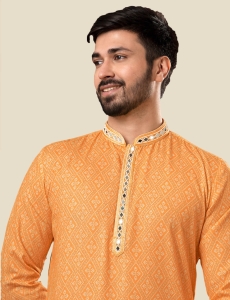 Orange Bandhani Mirror Work Men Kurta Payjama Set