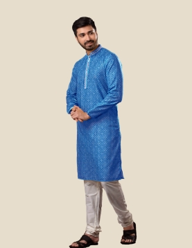 Blue Bandhani Mirror Work Men Kurta Payjama Set