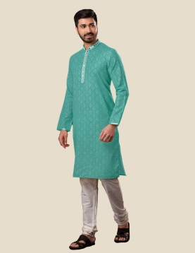 Sea Green Bandhani Mirror Work Men Kurta Payjama Set