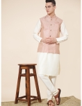 Men's Pastel Peach & Cream Jacquard Kurta Set with Woven Jacket