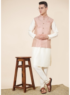 Men's Pastel Peach & Cream Jacquard Kurta Set with Woven Jacket