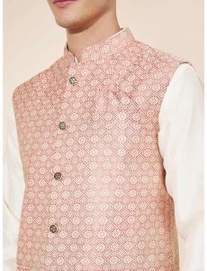 Men's Pastel Peach & Cream Jacquard Kurta Set with Woven Jacket