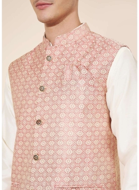 Men's Pastel Peach & Cream Jacquard Kurta Set with Woven Jacket