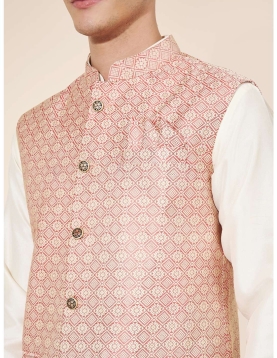 Men's Pastel Peach & Cream Jacquard Kurta Set with Woven Jacket