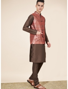 Men's Brown & Copper Rust Jacquard Kurta Set with Woven Nehru Jacket
