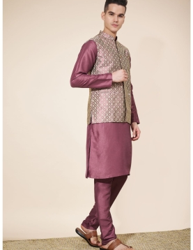 Men's Wine Jacquard Kurta Set with Woven Nehru Jacket