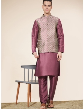 Men's Wine Jacquard Kurta Set with Woven Nehru Jacket