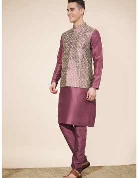 Men's Wine Jacquard Kurta Set with Woven Nehru Jacket