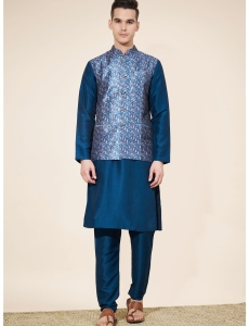 Men's Dark Blue Jacquard Kurta Set with Woven Nehru Jacket