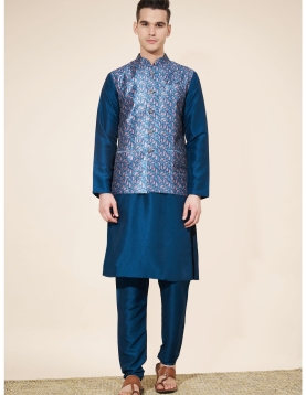 Men's Dark Blue Jacquard Kurta Set with Woven Nehru Jacket