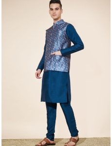 Men's Dark Blue Jacquard Kurta Set with Woven Nehru Jacket
