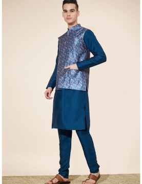 Men's Dark Blue Jacquard Kurta Set with Woven Nehru Jacket