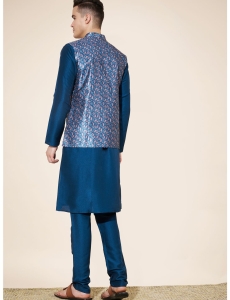 Men's Dark Blue Jacquard Kurta Set with Woven Nehru Jacket