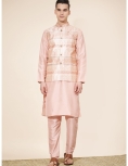 Men's Peach Jacquard Kurta Set with Woven Nehru Jacket