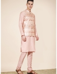 Men's Peach Jacquard Kurta Set with Woven Nehru Jacket