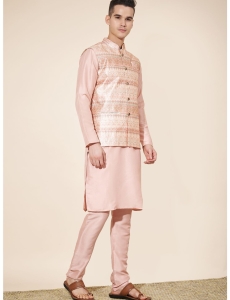 Men's Peach Jacquard Kurta Set with Woven Nehru Jacket