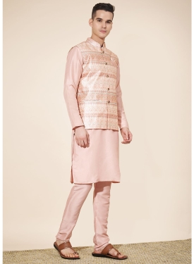 Men's Peach Jacquard Kurta Set with Woven Nehru Jacket