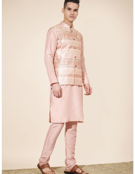 Men's Peach Jacquard Kurta Set with Woven Nehru Jacket
