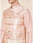 Men's Peach Jacquard Kurta Set with Woven Nehru Jacket