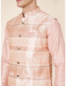 Men's Peach Jacquard Kurta Set with Woven Nehru Jacket