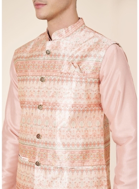 Men's Peach Jacquard Kurta Set with Woven Nehru Jacket
