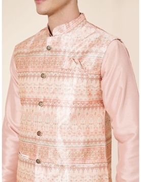 Men's Peach Jacquard Kurta Set with Woven Nehru Jacket