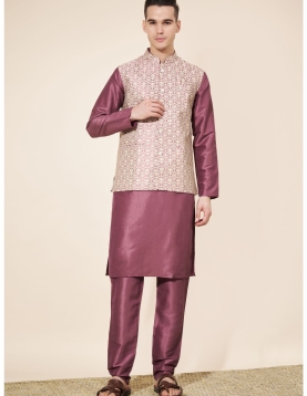 Men's Wine & Cream Jacquard Kurta Set with Woven Nehru Jacket