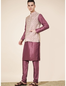 Men's Wine & Cream Jacquard Kurta Set with Woven Nehru Jacket