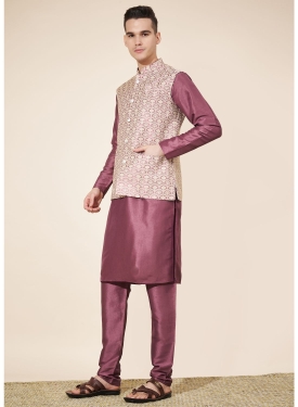 Men's Wine & Cream Jacquard Kurta Set with Woven Nehru Jacket
