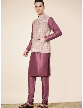 Men's Wine & Cream Jacquard Kurta Set with Woven Nehru Jacket