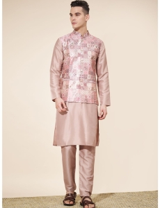 Men's Onion Pink Jacquard Kurta Set with Woven Nehru Jacket