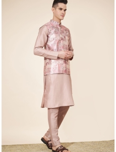 Men's Onion Pink Jacquard Kurta Set with Woven Nehru Jacket